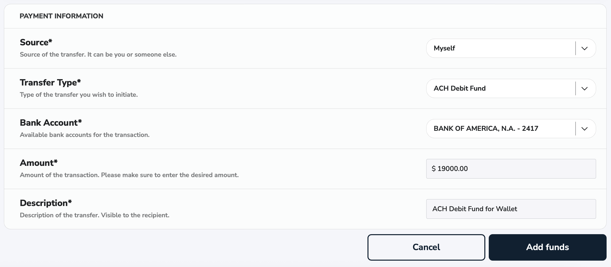Wallet ACH Debit fund Wallet ACH Debit Fund